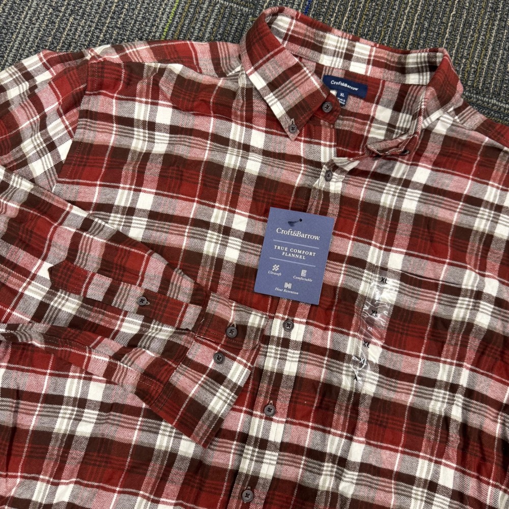 Croft &‎ Barrow XL Mens Flannel Button Up Shirt Plaid True Comfort Red Brown